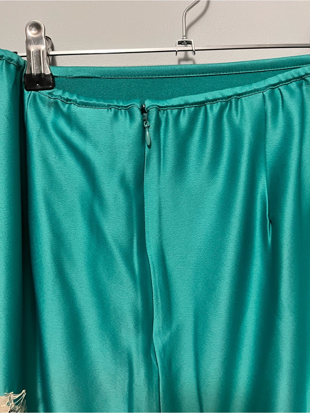 NWT🎉 Anthropologie Teal Satin Midi Skirt with Cream Lace Hem - Picture 14 of 16